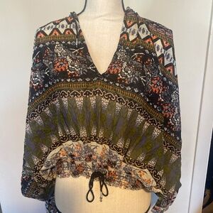Free People Boho Hooded Crop Top XS Multicolor V-Neck Long Sleeve